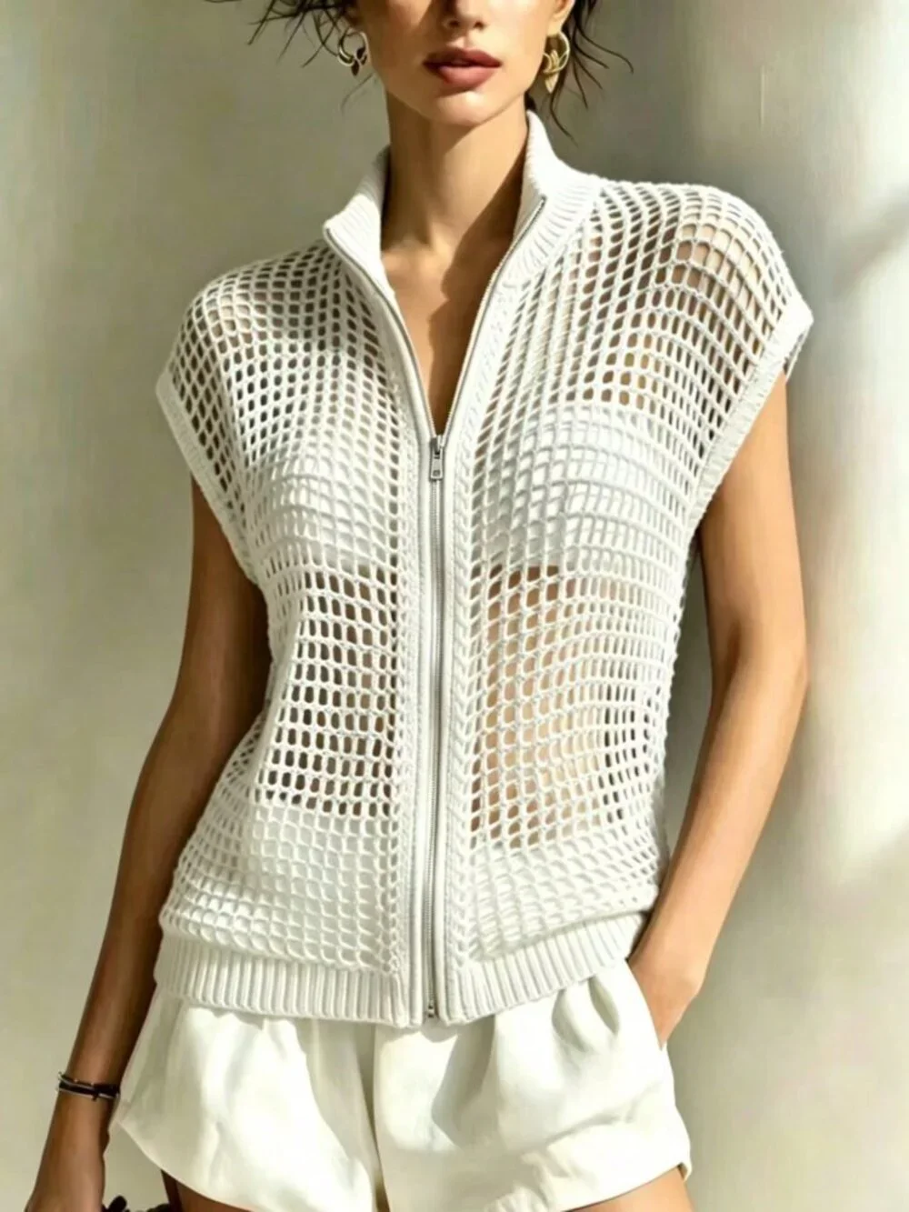 White Casual Women's Slimming Hollow High Neck Zipper Cardigan